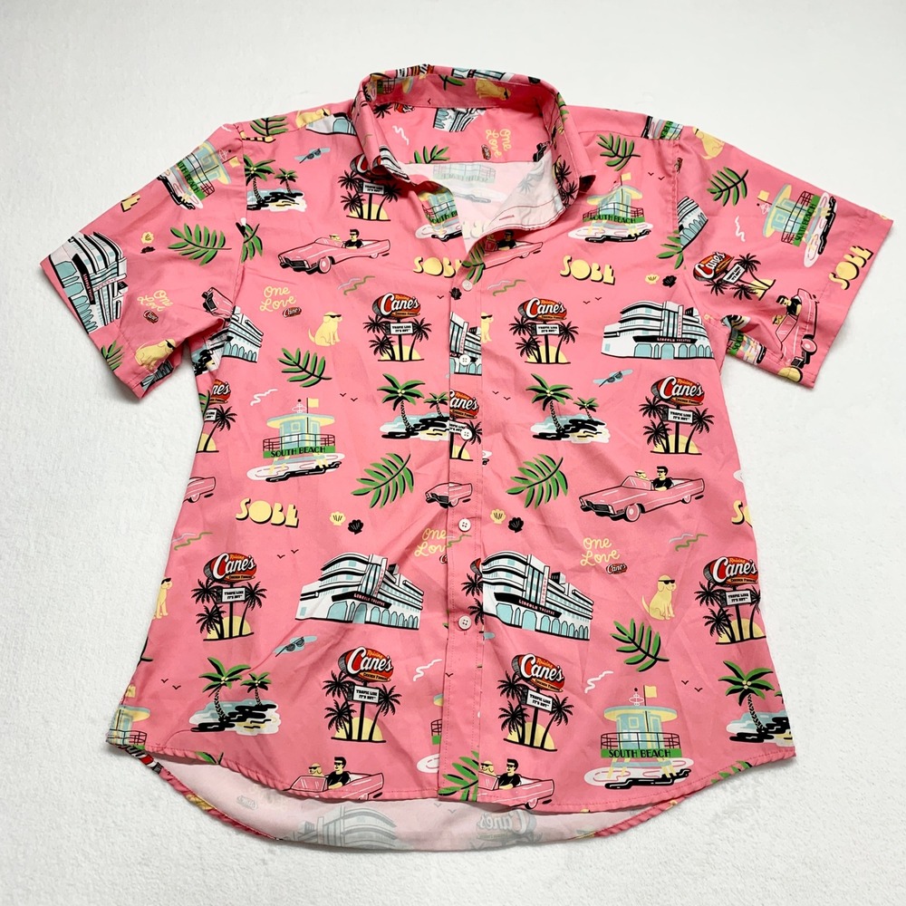 Raising Canes South Beach Hawaiian Shirt Mens Sz L Pink Tropical Button‎ Up